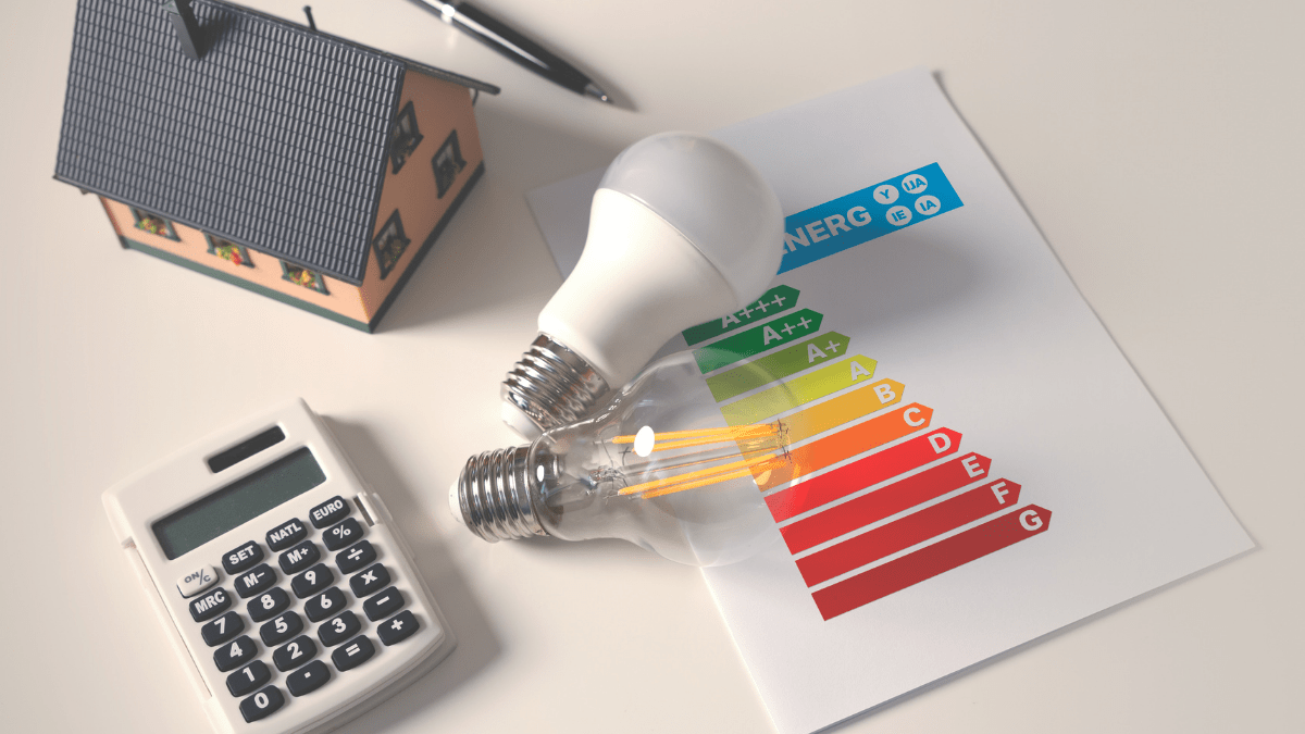 Graph showing an EPC Chart along with a calculator and light bulb