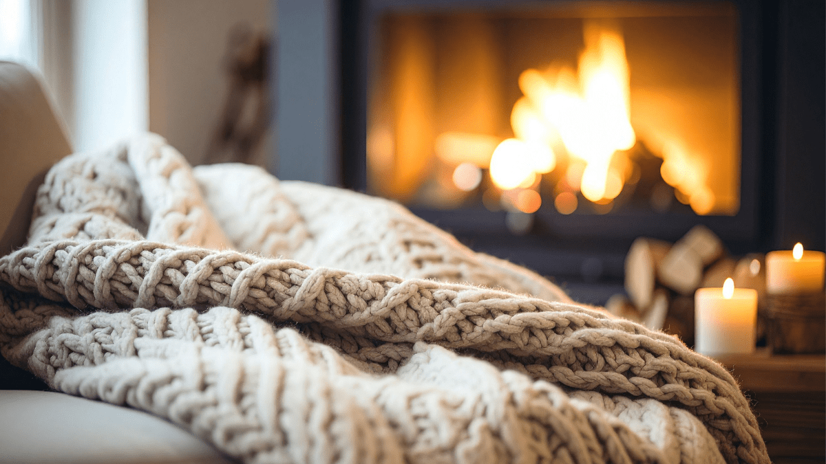 Image of a warm living room with a blanket infront of a fire